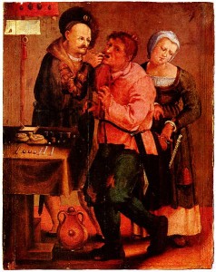 Painting of a renaissance dentist performing dental surgery